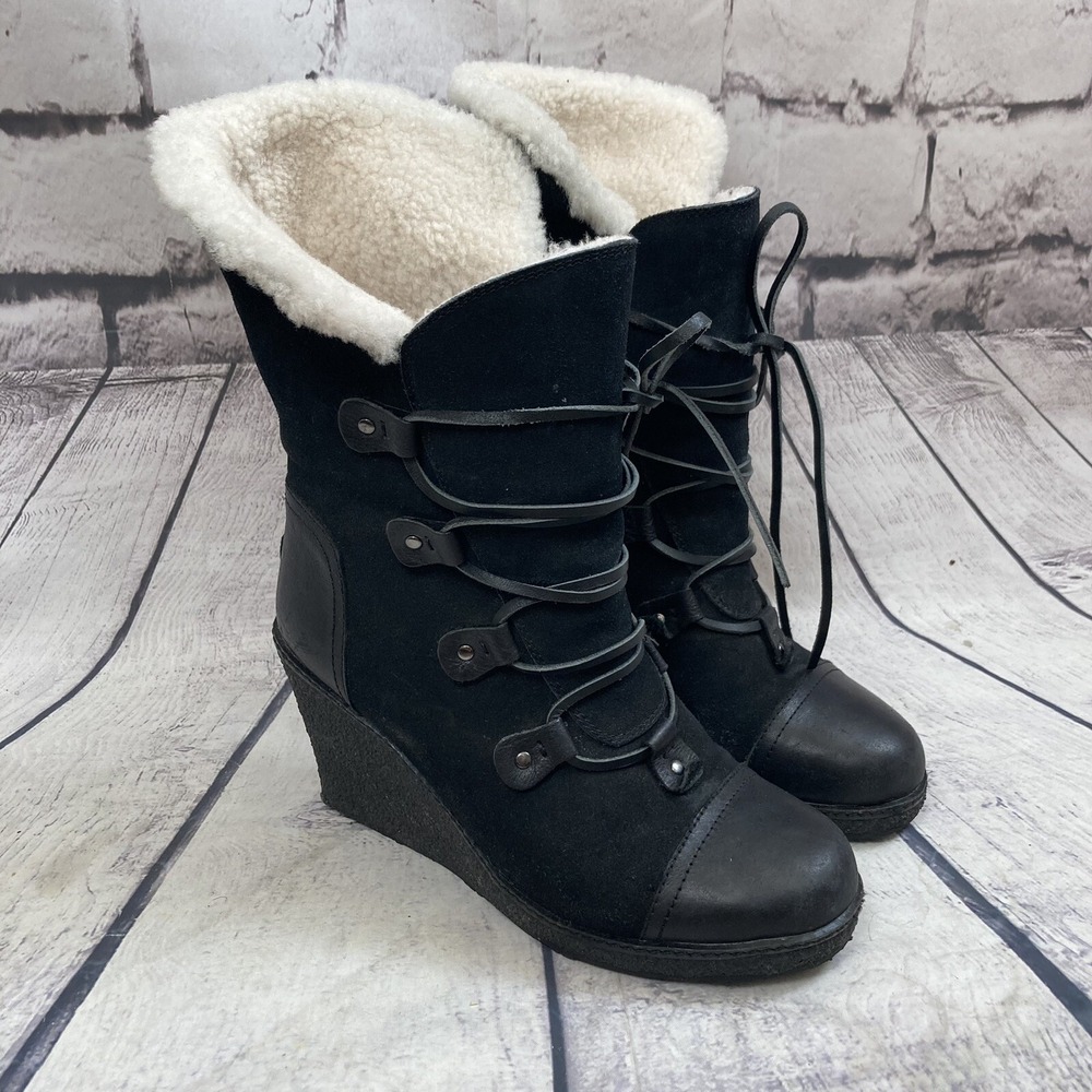Australia Luxe Collective Mona Wedge Boots Womens 8 Black Sherpa Lined Winter
